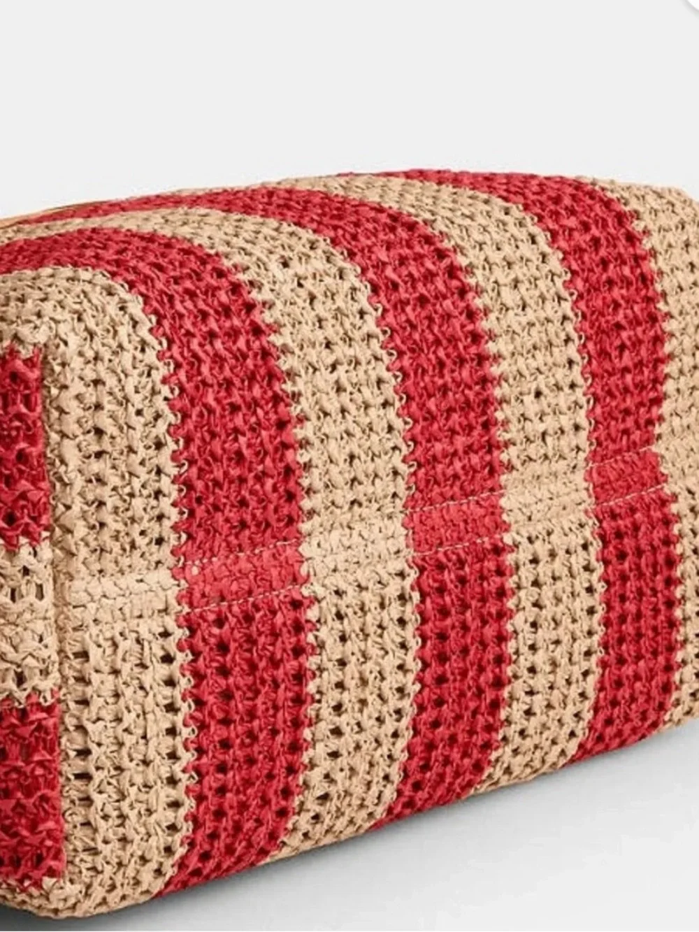 NWT COACH THE CITY TOTE BAG RED/TAN Striped Straw Tote Leather Logo, Handles.
